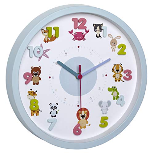 TFA Dostmann kids wall clock Little Animals, 60.3051.14, with animal motifs, time teacher, non ticking sweep quartz meachnism