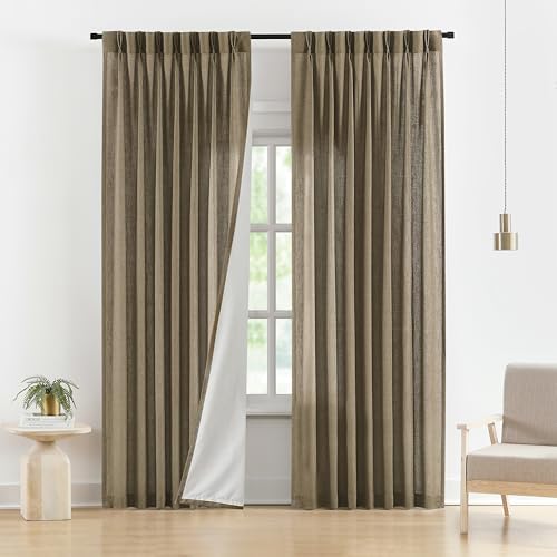 "Vision Home Brown Pinch Pleated Semi Sheer Curtains with Lined 102 inch Textured Linen Blended Light Filtering Pleat Drapes for Living Room Bedroom Back Tabs with Hooks 2 Panels 40"" Wx102 L"