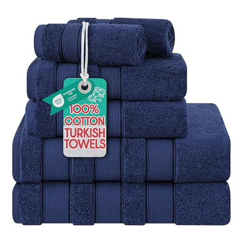 American Soft Linen Bath Towel Set Luxury Salem Collection 100% Turkish Combed Cotton 6 Piece Towel Set Soft and Absorbent 2 Bath Towels 2 Hand Towels 2 Washcloths for Bathroom Shower Towels Navy Blue