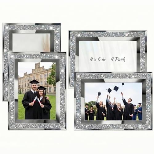 Queekay 4 Pack Glitter Graduation Picture Frame 4 x 6 Inch Silver Crystal Bling Mirror Photos Display Frame for Graduation Party Decorations, Class of 2026 Gift