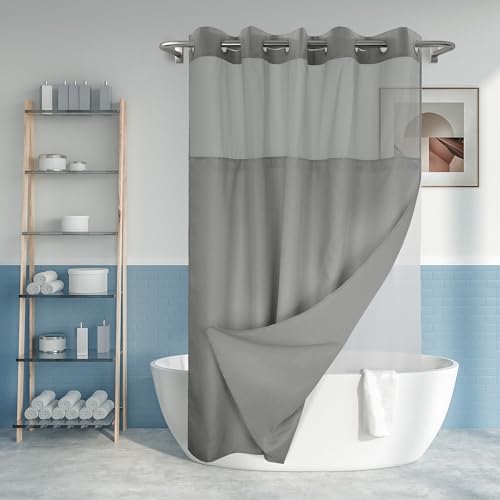 "No Hook Slub Textured Shower Curtain with Waterproof PEVA Liner Set - 71"" x 74""(72""), Hotel Style with See Through Top Window, Fabric Curtain & Waterproof Liner for Bathroom, Dark Gray, 71x74"