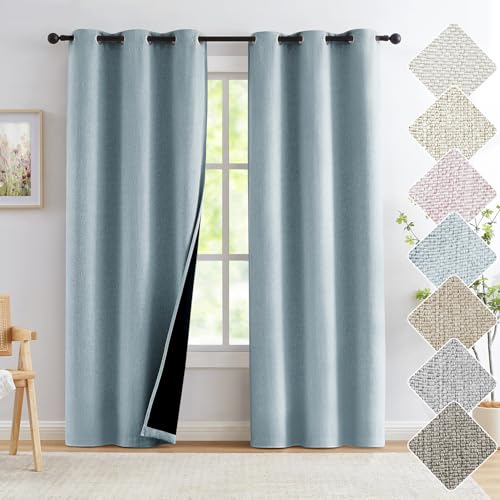 "Blackout Linen Curtains for Living Room, Aqua Blue 40"" Wide, 95"" Length Long Curtains, 2 Panels Set, Farmhouse Burlap Texture Thermal Insulated Privacy Window Drapes for Bedroom Guestroom"