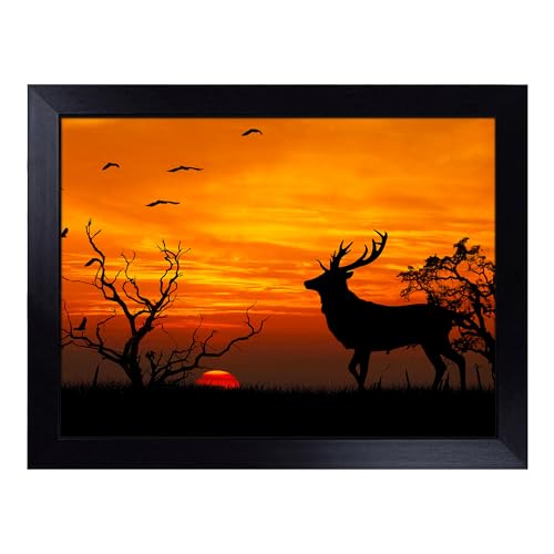 Lap Tray with Bean Bag Cushion, Sunset Stag And Birds Landscape Art - Handmade in the UK, Raised Wooden Edge, Padded Cushion, Heat-Resistant Wipe-Clean Surface, for Meals, Laptops and Crafts