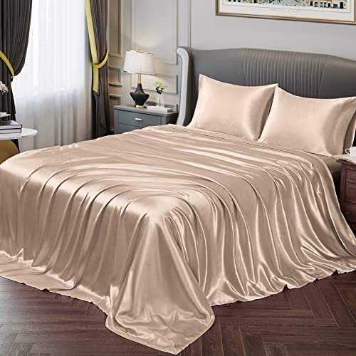 Vonty Queen Size Bed Linen Set in Soft and Silky Satin (63 x 79 inches), Amber Beige, 1 Deep Pocket Fitted Sheet + 1 Flat Sheet + 2 Pillowcases