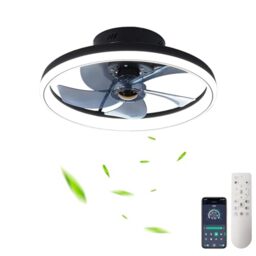 LMiSQ Ceiling Fan with Light and Remote Control, Indoor LED 30W Dimmable Ceiling Lamp Modern Low Profile Ceiling Fans for Living Room Bedroom Lighting, 6 Speeds, Dimming Lights, White (Black)
