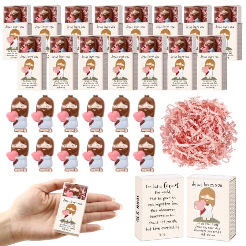 Wettarn 36 Sets Little Jesus Loves You Figures Back to School Gifts Bulk, Christian Mini Pocket Jesus Figurines with Match Storage Box for Teachers Church Members Students Religious Party Favors