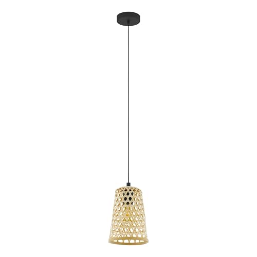 EGLO Claverdon Pendant Light 1 Bulb Vintage Natural Boho Hygge Steel Wood Black Natural Dining Table Lamp Living Room Lamp Hanging with E27 Socket Diameter 18 cm