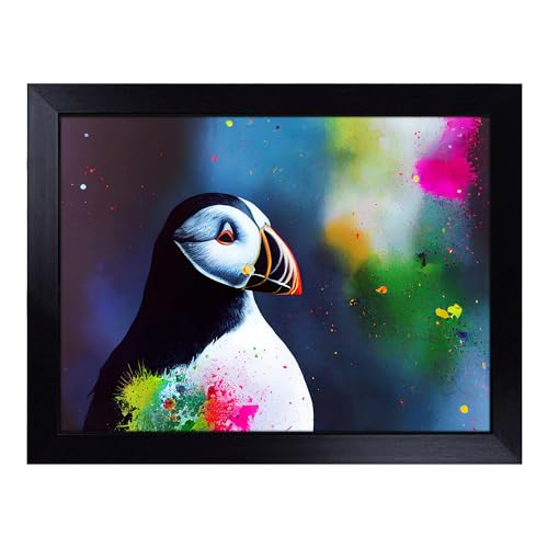 Lap Tray with Bean Bag Cushion, Colourful Puffin Bird - Handmade in the UK, Raised Wooden Edge, Padded Cushion, Heat-Resistant Wipe-Clean Surface, for Meals, Laptops and Crafts