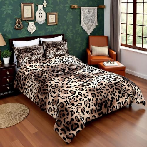 Leopard Comforter Set Full Size Brown Bedding Set 3pcs for Kids Teens Room Decor,Animal Cheetah Quilt Set Modern Luxury Soft Breathable Duvet Insert with 2 Pillowcases