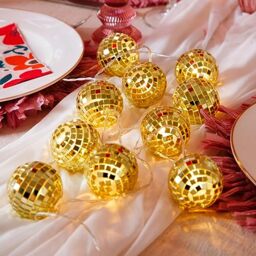 Talking Tables Gold Mirror Disco Ball Lights for Indoor Fairy String Lights - Warm Glow - Fun Decorations Birthday, Christmas or NYE Party, Home Décor - LED Battery Operated - 10 Balls - Length 1.6m