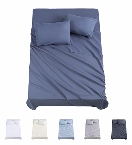 Todocama 4-Piece Bedding Set – 3001 – Fitted Sheet – Top Sheet – Two Pillowcases 50 x 80 cm (Bed 180 x 190/200 cm, Greyish Blue)