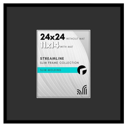 Americanflat 24x24 Picture Frame with Polished Plexiglass - Use as 11x14 Frame with Black Mat or Display 24x24 Photo Without Mat - Streamline Collection - Thin Border Square Frames for Wall - Black