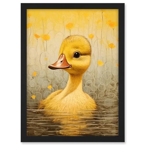 Artery8 Yellow Duckling Kids Bedroom Baby Nursery Calm Elegant Artwork Framed A3 Wall Art Print