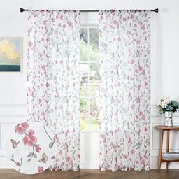 Tollpiz Sheer Floral Curtain Pink Flower Butterfly Printed Living Room Curtains Rod Pocket Voile Faux Linen Window Curtain for Bedroom, 54 x 95 inches Long, Set of 2 Panels