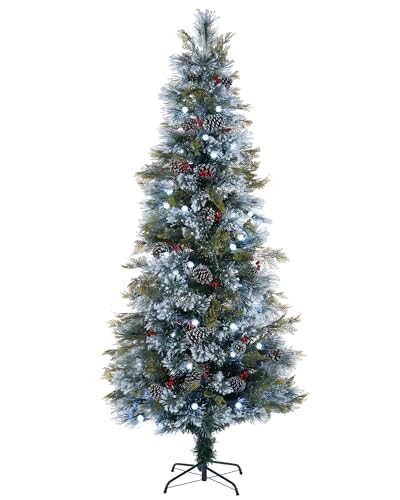 Pre-Lit Snow Flocked Pinecone & Berries Fibre Optic Christmas Tree, White LED Lights