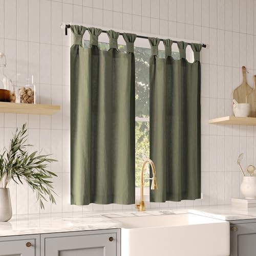 "Archaeo Washed 100% Cotton Small Window Twist Tab Cafe Curtains, 52"" x 36, Moss Green"
