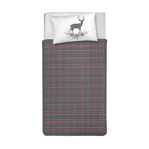 PENSIERI DELICATI Single Duvet Cover Set, 100% Cotton, Complete with 155 x 200 cm Bag and 1 Pillowcase 52 x 82 cm, Made in Italy, Duvet Cover Machine Washable At 40 °, Tartan Deer Design Anthracite
