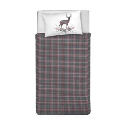 PENSIERI DELICATI Single Duvet Cover Set, 100% Cotton, Complete with 155 x 200 cm Bag and 1 Pillowcase 52 x 82 cm, Made in Italy, Duvet Cover Machine Washable At 40 °, Tartan Deer Design Anthracite