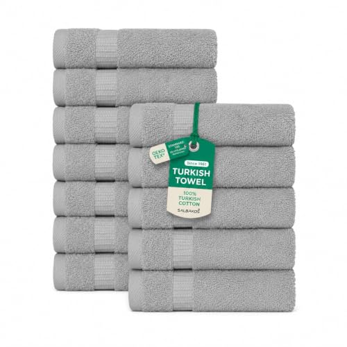 SALBAKOS 100% Turkish Cotton Washcloth Set of 12 13x13 inch - Heirloom Quality - Hotel & Spa Collection - Ultra Soft, Super Absorbent, Wash Cloth Towels - Made in Turkey (Silver 12 Pcs Washcloth)