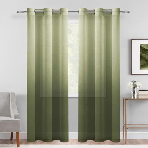 DWCN Ombre Sheer Curtains - Faux Linen Gradient Grommet Top Semi Voile Drapes for Bedroom and Living Room, Set of 2 Window Curtain Panels, 42 x 96 Inches Long, Olive Green