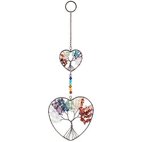rockcloud Double Heart Tree of Life Hanging Ornament 7 Chakra Reiki Healing Stones Handmade Wall Car Hanging for Home Decor Yoga Meditation
