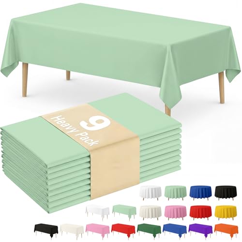 Fixwal Plastic Table Cloth Disposable 9 Pack, 54 x 108 Inch Table Cloths, Easter Party, Decorative Tablecloths, Rectangle, Light, Pastel Plastic Cover, Leakproof & Sturdy, Sage Green