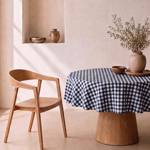 svet Stain-Resistant Tablecloth, Extra Soft Fabric, Round Table, Waterproof Cotton, Diameter 140 cm (Vichy Navy Blue)