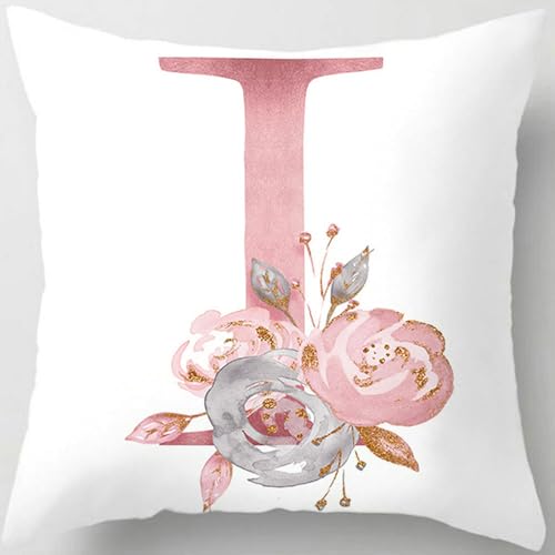 Tillskuch Pink Throw Pillow Covers Cute Alphabet Decorative Cushion Covers Square Letter Throw Pillows Protectors for Sofa Couch Bedroom Chair Home Decor 18 x 18 Inch(I)