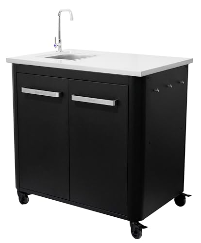 cozze® Outdoor Kitchen 90 with Sink & Tap – Stainless Steel Worktop, Modular BBQ Prep Station with Waste Bag Holder, Storage Cabinet, Hooks, Wheels, 100 kg Load