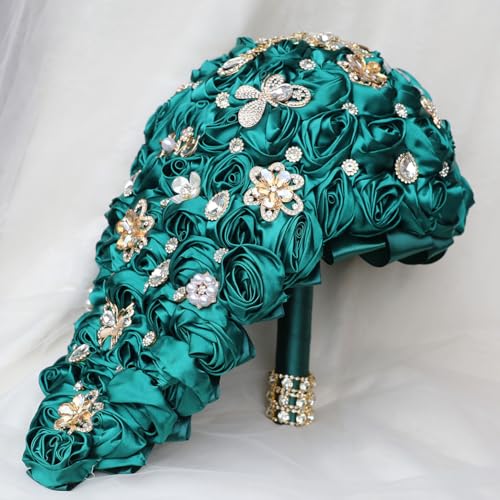 "Mhojpik Luxury Cascade Bridal Wedding Bouquet Satin Rose Waterfall Holding Bouquet Artificial Flower Bunch for Bride Bridesmaid(Dark Green, 17.3"" x 8.7"")"