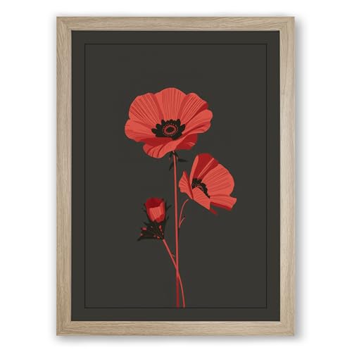 Three Red Poppies Botanical Framed Wall Art Print A2 (59.4×42cm) Oak, Wall Decor for Living Room, Bedroom, Office & Home, Ready to Hang, Art Gift