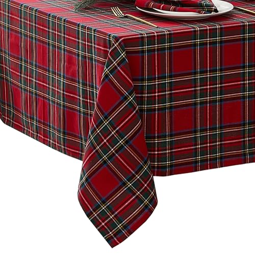 "Threadmade Elrene Home Fashions Stowe Tartan Holiday Plaid Christmas/Winter Cotton Rectangle Tablecloth, 60""x84"", Red"