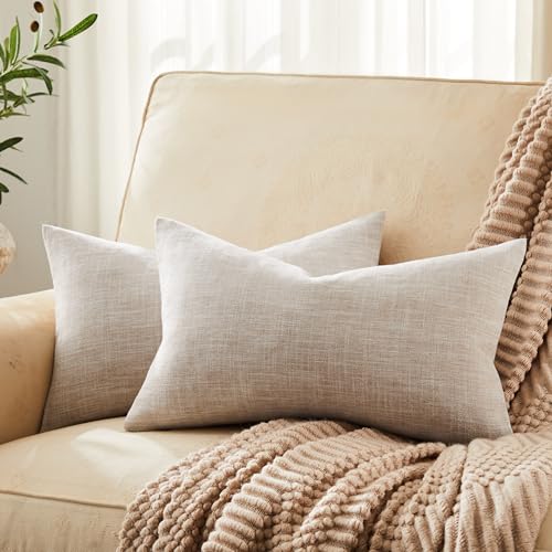 ZeeMart Rustic Linen Lumbar Pillow Covers Set of 2, Taupe 12x20in - Textured Pillow Case, Rustic Cotton Linen Fabric, Modern Farmhouse Cushion Covers for Sofa Bed Living Room Home Decor