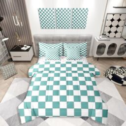 Erosebridal Girls Teal Bedding Set Twin Turquoise Checkered Comforter Set with Sheets 7 Piece for Kids Teen Women,Geometric Grids Plaid Bed in A Bag Bedroom Decor,Gingham Bed Sets
