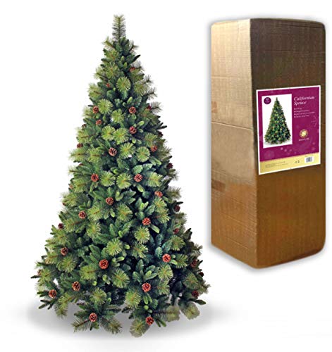 8Ft/2.4m Californian Boulder Pine Bushy Look Luxurious Forest Green Artificial Christmas Tree Pine Cones Hinged Branches Xmas Home Showroom Centerpiece Decorations