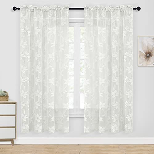 DWCN White Sheer Curtains - Floral Lace Curtains 63 inch Length Rod Pocket Window Voile Sheer Drapes for Bedroom Kitchen Short Curtains, Set of 2, White, 42 x 63 inches
