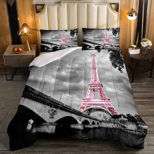 kxry Paris Comforter Set Pink Eiffel Tower Seine Full Size Bedding French Style Paris Cityscape Quilt for Girls Women 1 Comforter + 2 Pillow Cases