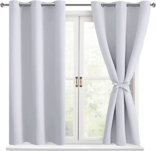 Hiasan Short Blackout Curtains for Bedroom - Thermal Insulated & Energy Saving Window Curtains for Living Room, 2 Drape Panels Sewn with Tiebacks, Greyish White, 38 x 45 Inch