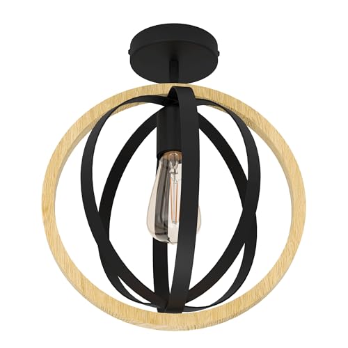 Eglo Ceiling Light Fitting Basildon, semi-Flush Mount Ceiling lamp in Ring Design, Round Living Room Lighting Made of Wood and Black Metal, FSCM70HB, E27 Socket