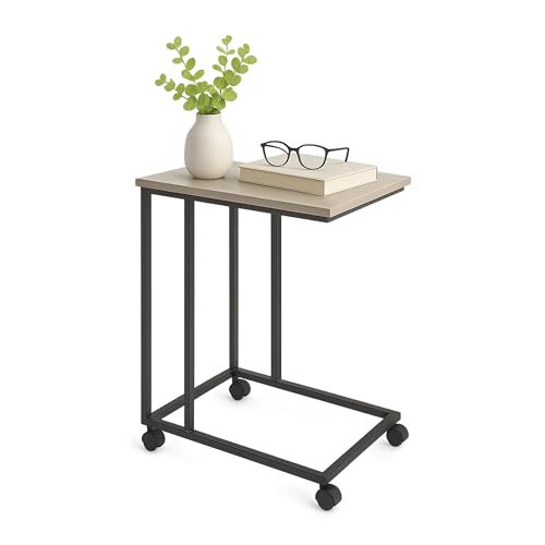 Relaxdays side table on castors, HWD: 68 x 50 x 35 cm, MDF, metal, C-shape, coffee table for sliding under, grey/black