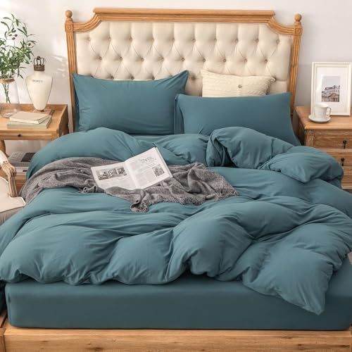PURE ERA Jersey Knit Duvet Cover Set 100% T-Shirt Cotton Super Soft Comfy 3pc Bedding Set with Zipper Closure (Solid Cerulean Blue, Oversized King)