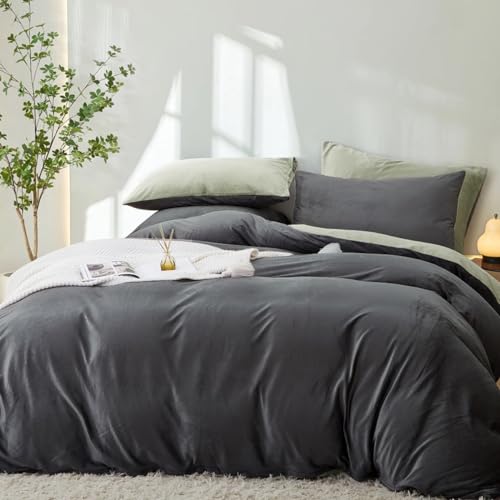 Lanqinglv Fluffy Bed Linen 135 x 200 cm Green Grey Winter Plush Flannel Fleece Reversible Bedding Set Warm Cashmere Touch Flannelette Duvet Cover with Zip and 1 Pillowcase 80 x 80 cm