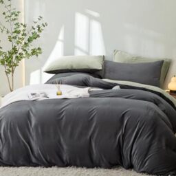 Lanqinglv Fluffy Bed Linen 135 x 200 cm Green Grey Winter Plush Flannel Fleece Reversible Bedding Set Warm Cashmere Touch Flannelette Duvet Cover with Zip and 1 Pillowcase 80 x 80 cm