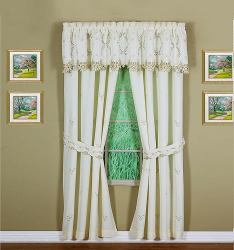 "Today's Curtain Verona Reverse Embroidery Panel Pair and Tiebacks, 84"", Ecru/Antique, 80"" W X 84"" L"