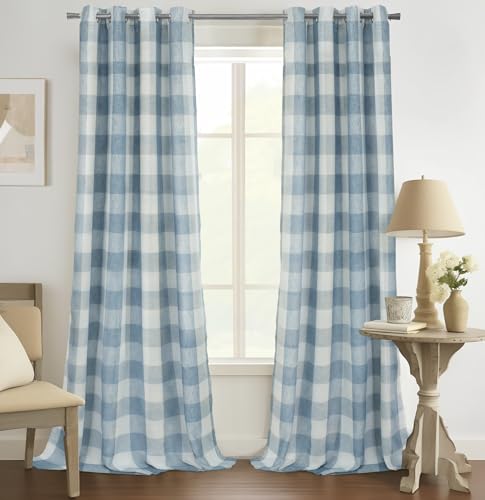 DriftAway Buffalo Blackout Curtains Grommet 2 Panels W52 x L108, Dusty Blue - Blackout, Gingham Checker Pattern, for Bedroom Living Room Nursury, Thermal Insulated, Linen Texture, Thermal Insulated Drape