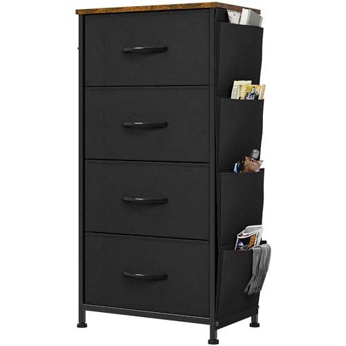 YITAHOME Chest of Drawers, Dresser with side pockets & hooks, Fabric 4 Drawers with Handles, Metal Frame, Wood Top, for Bedroom,Living Room,Hallway, Black