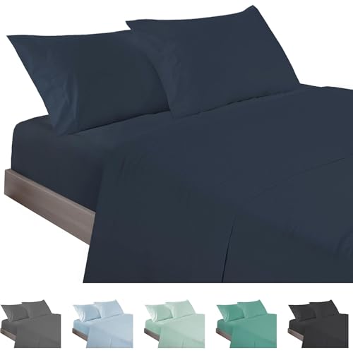 ECOMMERC3 - 4-Piece Bed Sheet Set 200 Made in Spain - Sheet Set with Fitted Sheet, Top Sheet and 2 Pillowcases 45 x 110 Navy