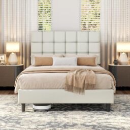 Yaheetech 4ft6 Double Bed Frame, Upholstered Headboard, Cream