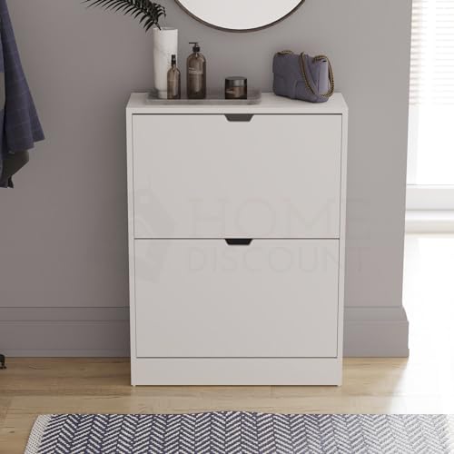 Vida Designs Shoe Cabinet, Wooden Shoe Storage Unit with 2 Flip Drawers, Multifunctional Dust-Proof Space-Saving Slim Cupboard for Hallway or Entryway, 100% FSC Certified (White)