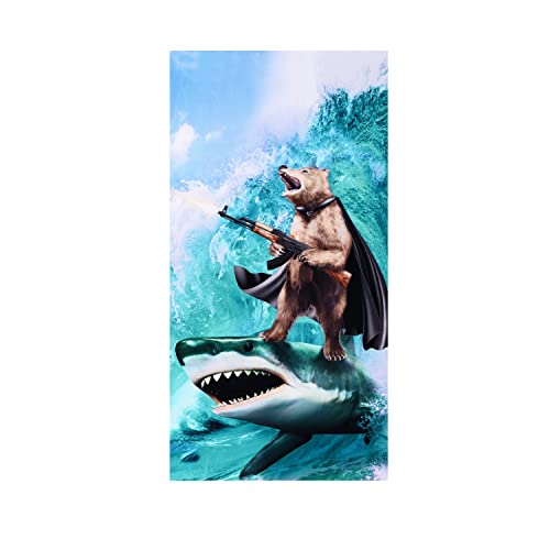 "LIVILAN Funny Shark Bear Beach Towel, 30"" x 60"" Oversized Microfiber, Soft, Quick Dry, Sand Free, Ideal for Bath, Pool, Travel, Unique Shark & Bear Gifts for Men, Boys, Teens"